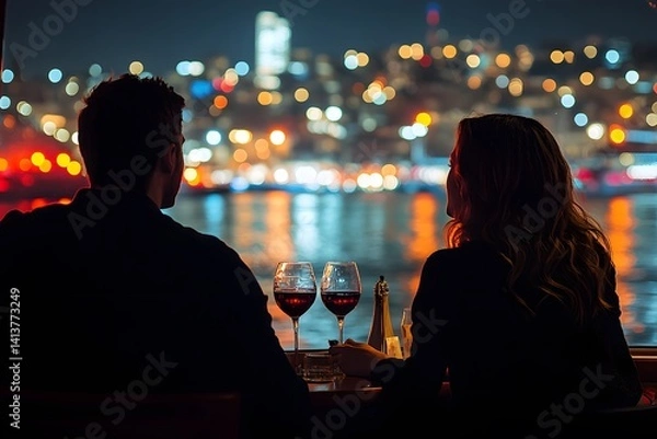 Fototapeta A couple enjoys a romantic evening with wine overlooking a city skyline
