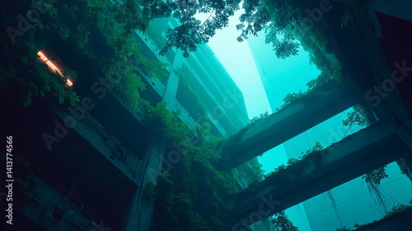 Fototapeta Abandoned building overgrown with plants nature reclaiming architecture urban decay post apocalyptic landscape