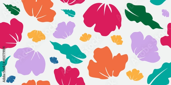 Fototapeta Colorful flowers seamless hand drawn pattern. Minimal flower illustration background. Black and white  background. textile for design, postcard, wallpaper, covers, card, banner, backdrop and poster