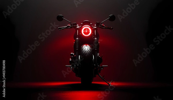 Fototapeta Red Motorcycle Headlight: A close-up shot of a sleek black motorcycle with its distinctive red headlight illuminated against a dark backdrop, a striking visual that exudes speed.