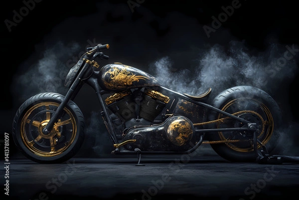 Fototapeta Motorcycle in the shadows: A vintage motorcycle is the centerpiece, with golden accents, parked dramatically against a dark backdrop, enveloped in a misty, atmospheric effect.