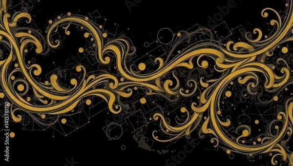 Fototapeta Ornate gold swirls on a black background with geometric shapes