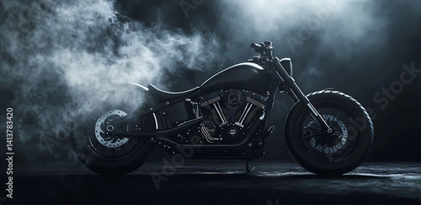 Fototapeta Ride into the Abyss: A classic black motorcycle emerges from a cloud of smoke, showcasing its raw power and the essence of the open road.