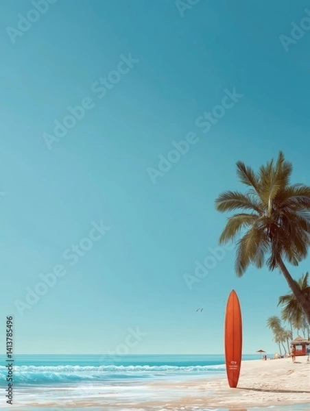 Fototapeta Orange Surfboard on Beach Near Palm Trees and Ocean Waves on Sunny Day