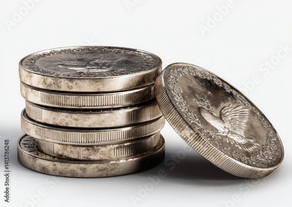 Fototapeta A stack of shiny coins with detailed engravings, showcasing their metallic texture and reflecting light elegantly.