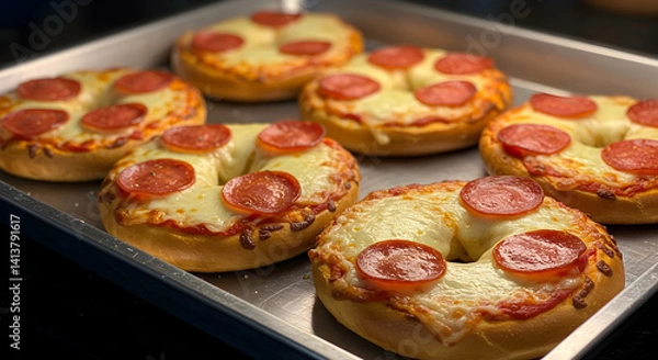 Obraz Baked Bagel Pizza Snacks Garnished With Pepperoni Served on Metal Tray