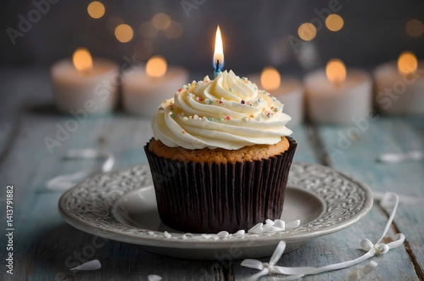 Obraz a cupcake adorned with creamy white frosting and a glowing candle