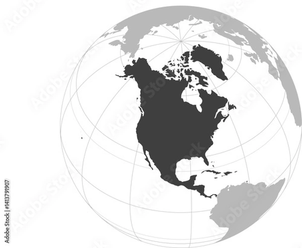 Obraz World vector map with continent boundaries and graticules (North America-centered & highlighted view, orthographic projection, PPT-compatible & fully editable)