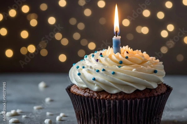 Obraz a cupcake adorned with creamy white frosting and a glowing candle