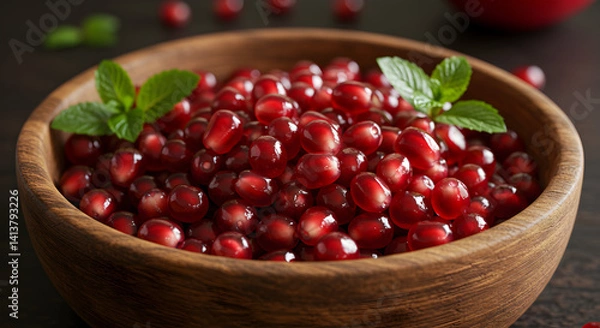 Fototapeta Pomegranate Seeds Bursting With Flavor In Wooden Bowl Against Dark Backdrop
