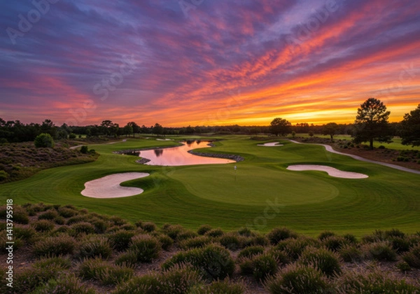 Fototapeta Golfer putting on the 18th hole at sunset, casting a long shadow across the well-manicured green. Vibrant golden hues in the sky create a picturesque backdrop.