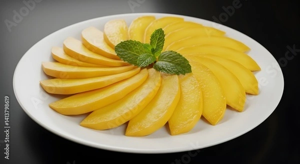 Fototapeta Thin slices of fresh mango arranged neatly in a circular pattern on a white saucer.