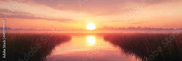 Obraz Golden Dusk Over the Tranquil Mirror: A Serene Marshland in Enchanting Harmony