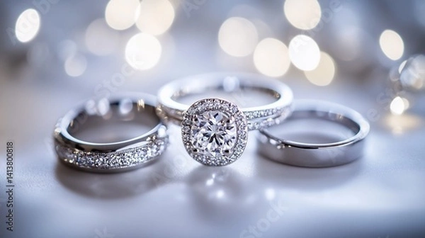 Fototapeta Three Diamond Rings Sparkling on a Soft Surface with a Bokeh Background