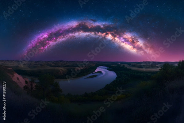Fototapeta Celestial Bridge: Nighttime Majesty and Reflected Cosmic Splendor Under the Milky Way
