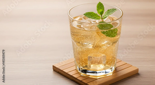 Obraz Refreshing Ginger Ale Drink With Ice Cubes And Mint Garnish On Wooden Table