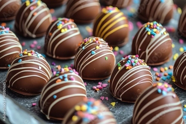 Fototapeta A tray of freshly molded chocolate Easter eggs sits on a table. The eggs are decorated with colorful icing and sprinkles. The mood is sweet and festive