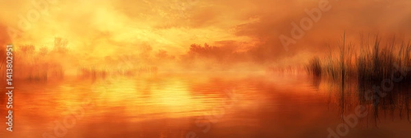 Obraz Golden Dusk Over the Tranquil Mirror: A Serene Marshland in Enchanting Harmony
