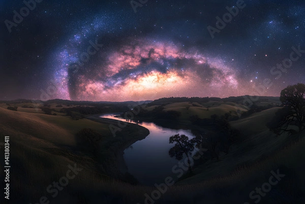 Fototapeta Celestial Bridge: Nighttime Majesty and Reflected Cosmic Splendor Under the Milky Way