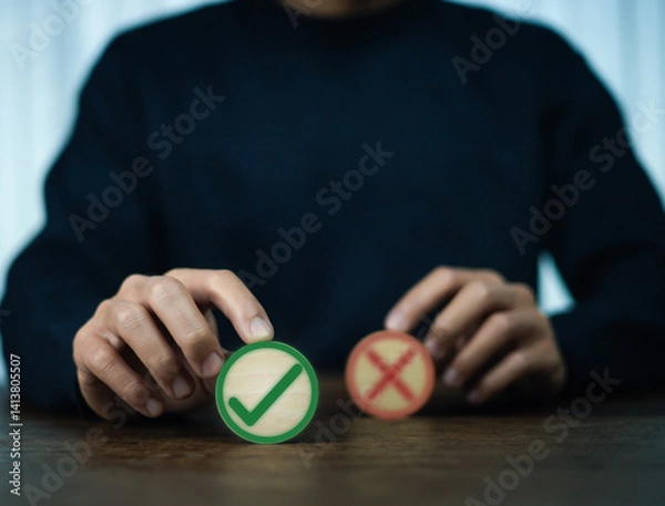 Obraz yes or no symbol and checkmark Alternative concepts, decision making, and true and false test questions.	
