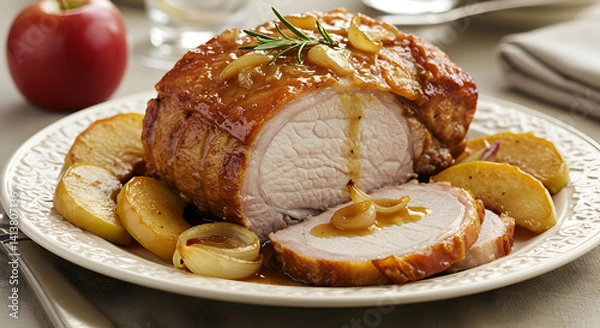 Obraz Roasted Pork Loin Delight With Caramelized Apples And Onion