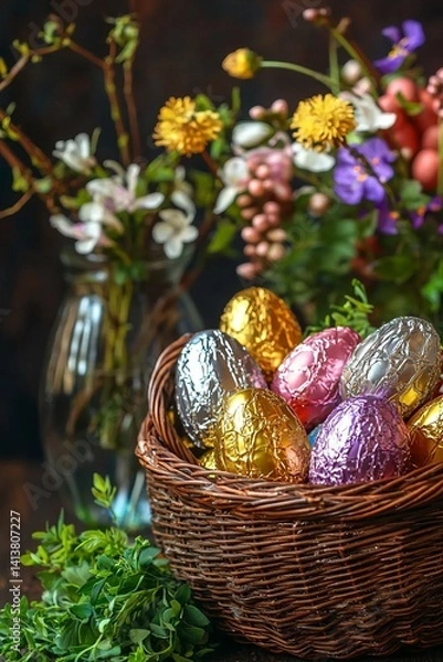 Fototapeta A basket filled with milk chocolate Easter eggs rests beside a flower vase. The eggs are wrapped in foil with shiny, vibrant colors. The mood is warm and festive