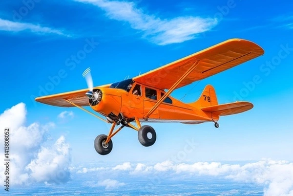 Fototapeta Airplane Soaring High Above Clouds - A vibrant orange airplane soars through a bright blue sky, above fluffy white clouds. Symbolizing freedom, adventure, travel, exploration, and the open sky
