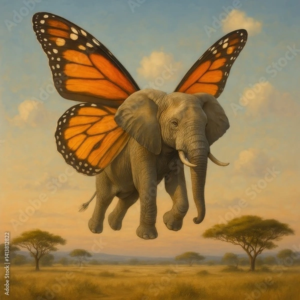 Fototapeta Surreal Painting of a Gray Elephant with Large Orange Butterfly Wings Flying Over a Serene African Savanna at Sunset