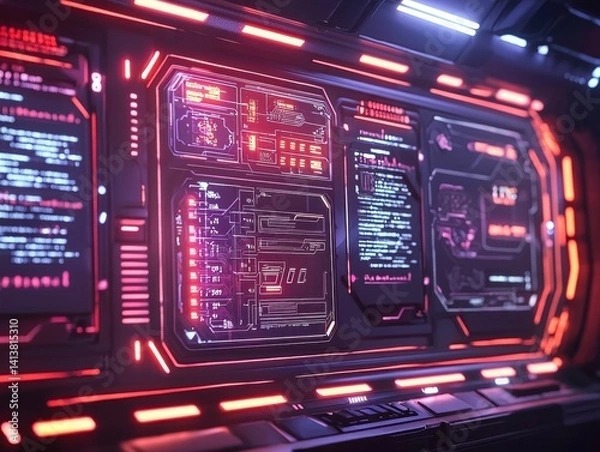 Fototapeta Futuristic Control Panel with Neon Lights and Digital Data Display