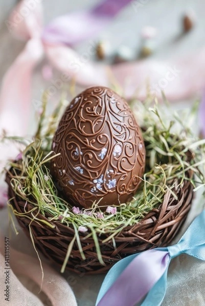 Fototapeta A chocolate egg with intricate designs is carefully placed in an Easter basket. The basket is surrounded by soft grass and pastel ribbons. The mood is peaceful and festive