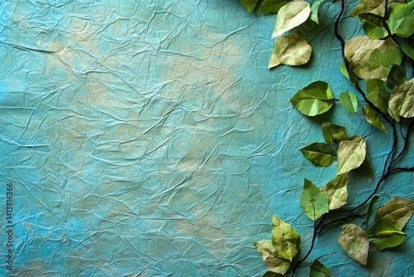 Fototapeta Green Leaves on Crinkled Blue Paper Background Texture