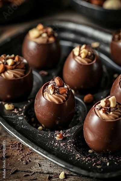 Fototapeta A group of chocolate Easter eggs with nuts and creamy fillings are arranged on a tray. The rich smell of chocolate fills the air. The mood is indulgent and sweet 