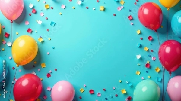 Fototapeta Festive Celebration with Colorful Balloons and Confetti Border on Teal Background