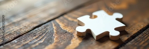 Fototapeta White puzzle piece gently placed on wooden surface Close-up , solution, creative, activity