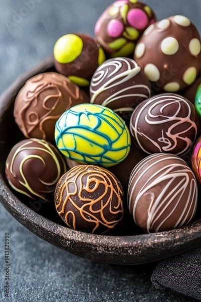 Fototapeta A selection of chocolate truffles shaped like Easter eggs sits in a bowl. Each truffle is decorated with colorful swirls and designs. The mood is sweet and comforting