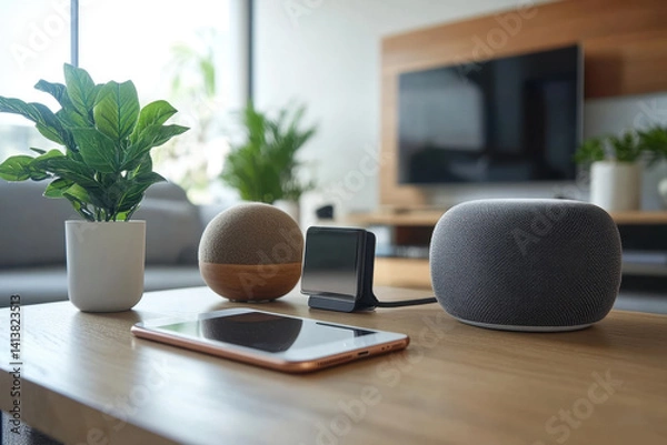 Fototapeta Google Home Assistant and Google Assistant depicted side by side on a desk, ready to provide smart solutions and answer questions for the user.