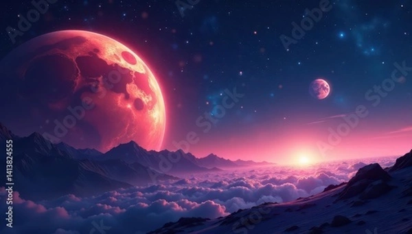 Fototapeta Distant planets, star clusters, ethereal glow, galaxy, dark