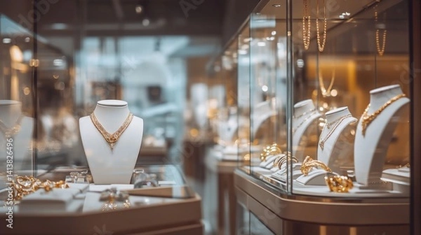 Obraz Luxury Gold Jewelry Showcase: Exquisite Necklaces and Bracelets on Display in Upscale Store