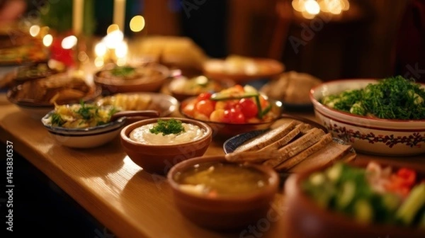 Fototapeta A beautifully arranged table filled with various delicious dishes, showcasing a festive gathering atmosphere