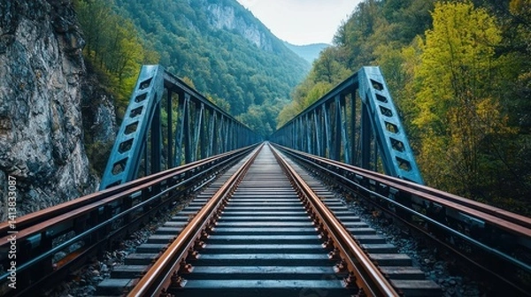 Fototapeta A modern steel railroad bridge crossing a deep canyon.