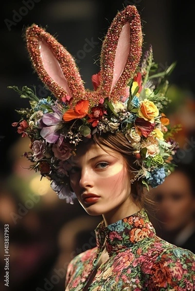 Fototapeta A fashion show features models wearing extravagant Easter bonnets. The bonnets are full of creativity, from bunny ears to floral arrangements. The mood is glamorous and creative
