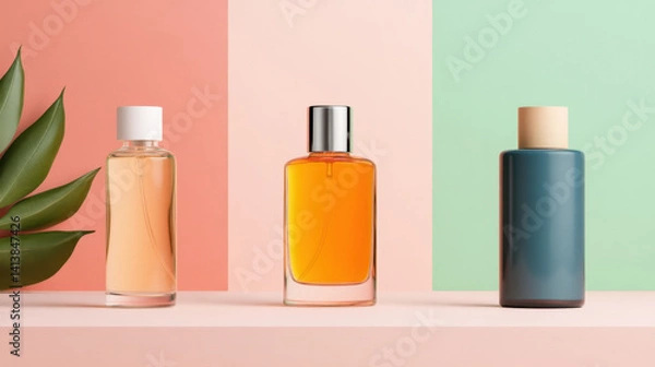Fototapeta Elegant display of three distinct perfume bottles on pastel background, showcasing variety of colors and shapes. arrangement highlights beauty of fragrance design and aesthetics