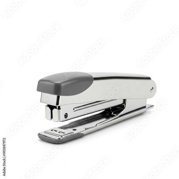 Fototapeta Red plastic stapler isolated on white background with soft shadow for modern office setup
