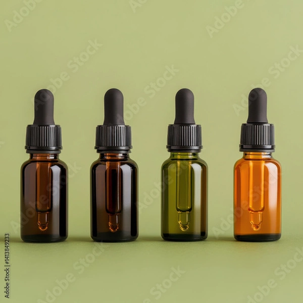 Fototapeta Amber and green glass dropper bottles arranged row soft green background, showcasing variety of colors and designs. These bottles are perfect for essential oils or herbal extracts, adding touch