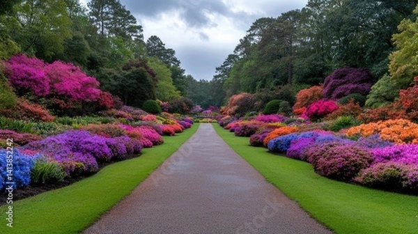 Obraz Serene garden path with vibrant flowers and dreamy blurred background