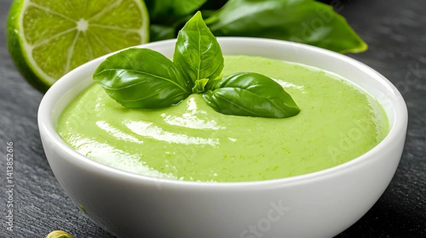 Obraz Fresh basil lime green sauce recipe culinary food photography