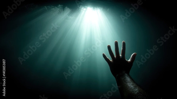 Fototapeta hand reaches towards bright light in dark, mysterious setting