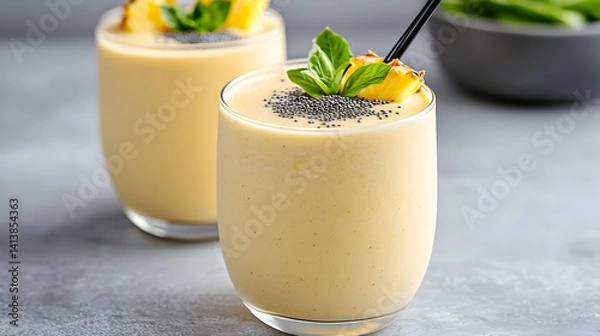 Obraz Creamy pineapple chia seed smoothie refreshing tropical drink healthy summer beverage recipe
