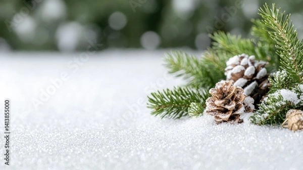 Obraz Winter wonderland scene with pine branches and snow-covered pine cones