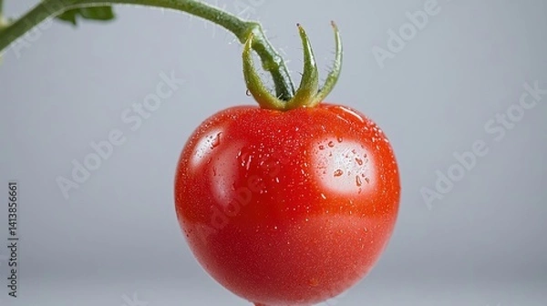 Obraz Fresh tomato on vine, wet with water droplets